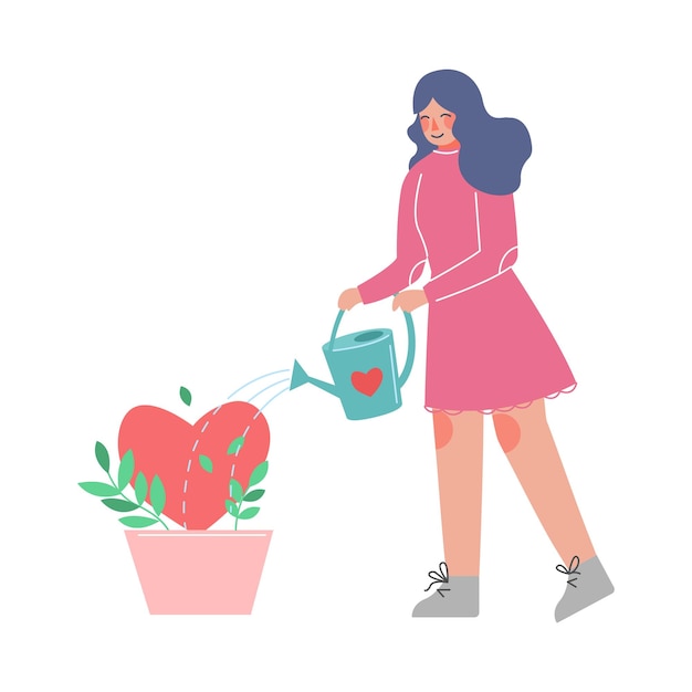 Mujer joven regando corazón creciendo en una olla de flores Símbolo de amor Ilustración vectorial