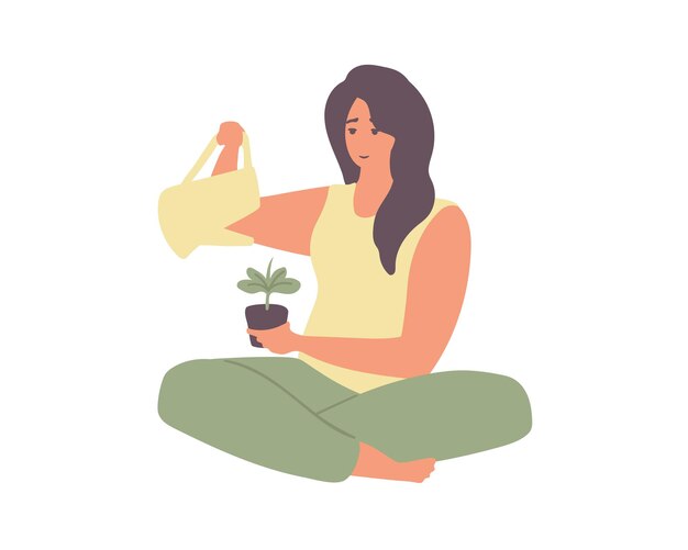 Mujer joven regando una planta Ilustración vectorial plana aislada en fondo blanco