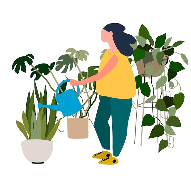 Mujer joven regando plantas de casa Ilustración vectorial en estilo plano Concepto de estancia en casa Concepto de cultivo de plantas en macetas
