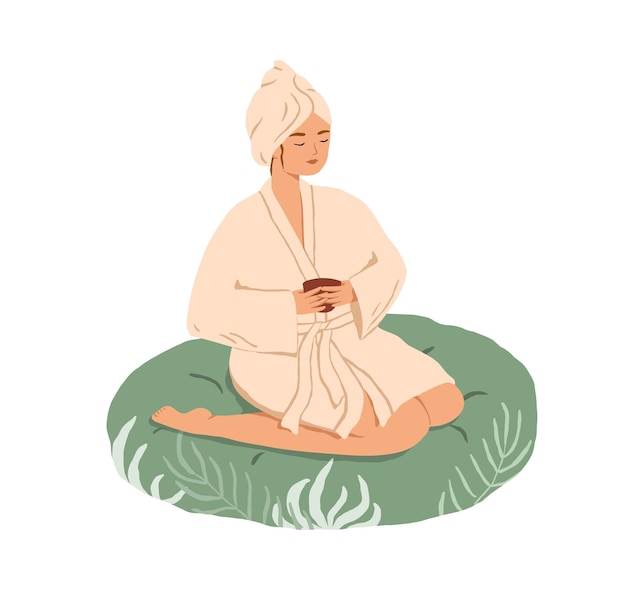 Vector mujer joven relajada descansando con té en el centro de spa y bienestar. personaje femenino con bata y toalla de baño sentada en un salón de belleza. ilustración de vector plano coloreado aislado sobre fondo blanco.