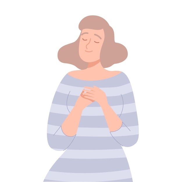 Mujer joven relajada soñando con algo Gente Imaginación Concepto Ilustración vectorial de estilo dibujos animados aislada sobre fondo blanco