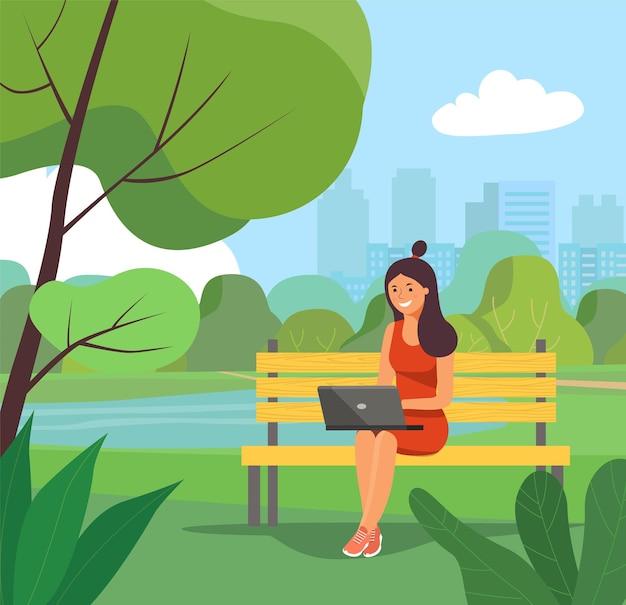 Mujer joven relajándose en un banco con un portátil en el parque. Vector ilustración plana.