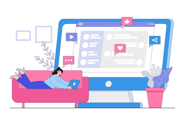 Mujer joven relajándose en el sofá con una computadora portátil la niña chateando con amigos a través de dispositivos digitales redes sociales diseño de personajes de dibujos animados planos para página de destino móvil web y banner