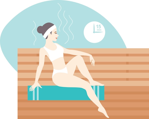 Vector mujer joven, relajante, en, caliente, sauna, baño