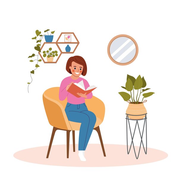 Mujer joven, relajante, en, silla, libro de lectura, en casa, vector, plano, ilustración