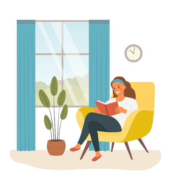 mujer joven, relajante, en, silla, libro de lectura, por, el, ventana, vector, plano, ilustración