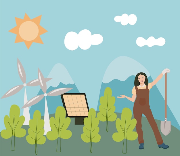 Mujer joven respetuosa con el medio ambiente con pala para salvar el bosque Ilustración de vector ecológico de estilo de vida sostenible