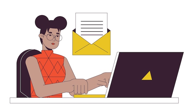 Mujer joven respondiendo al correo electrónico concepto de línea plana ilustración de punto vectorial Trabajo remoto Chica ocupada Personaje de contorno de dibujos animados 2D en blanco para diseño de interfaz de usuario web Imagen de héroe de color aislado editable