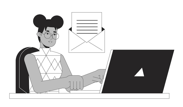 Mujer joven respondiendo a correo electrónico bw concepto vector spot ilustración trabajo remoto chica ocupada dibujos animados 2D línea plana personaje monocromático para diseño de interfaz de usuario web editable contorno aislado imagen de héroe