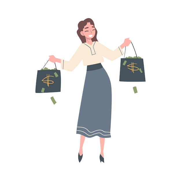 Mujer joven rica que lleva bolsas de compras llenas de dinero Éxito financiero Beneficio Ingreso Concepto Ilustración vectorial de estilo de dibujos animados