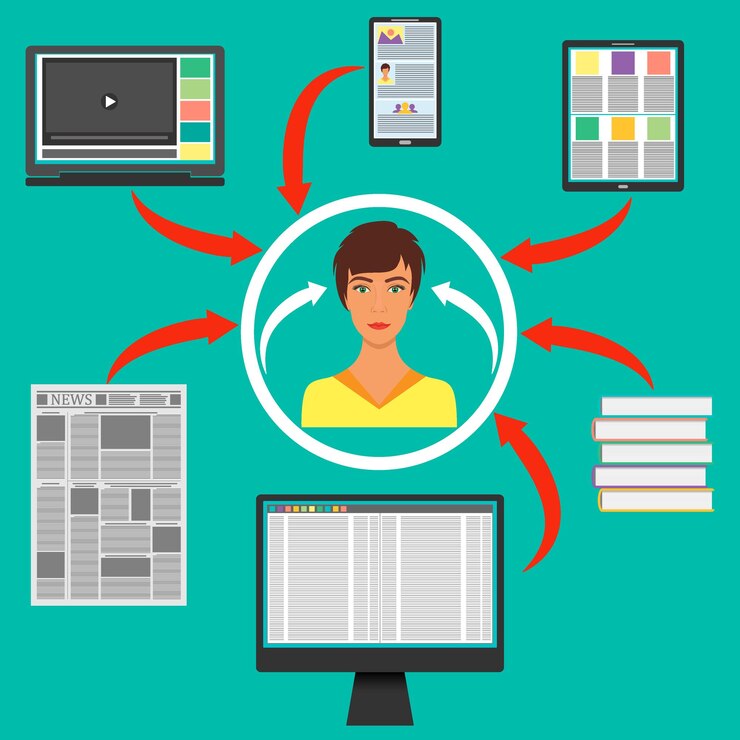 Vector mujer joven rodeada de libros y periódicos. protección contra la sobrecarga de información
