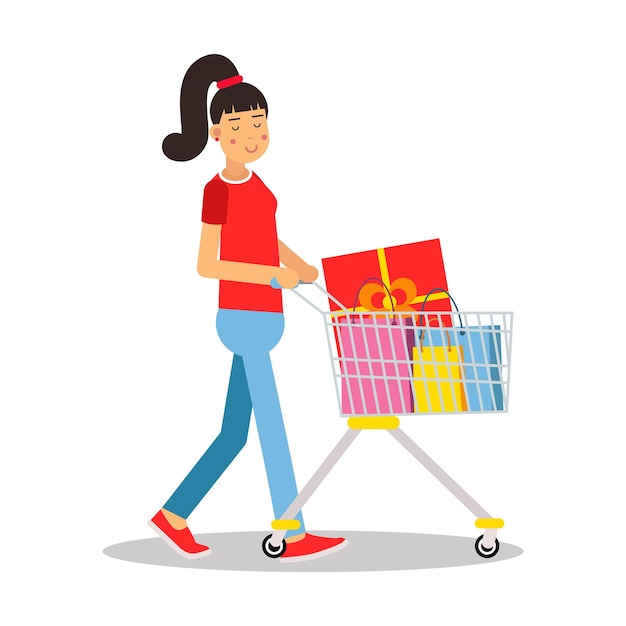 Mujer joven en ropa casual con cola de caballo caminando con un vector de caracteres de dibujos animados de carro de compras ilustración aislada sobre fondo blanco
