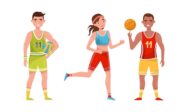 Mujer joven en ropa deportiva corriendo y hombre jugador de baloncesto conjunto de ilustraciones vectoriales
