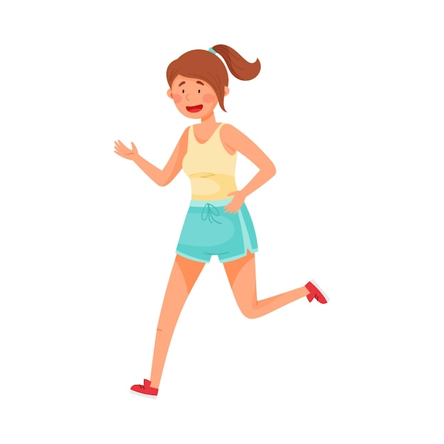 Vector mujer joven con ropa deportiva corriendo en una ilustración vectorial de maratón