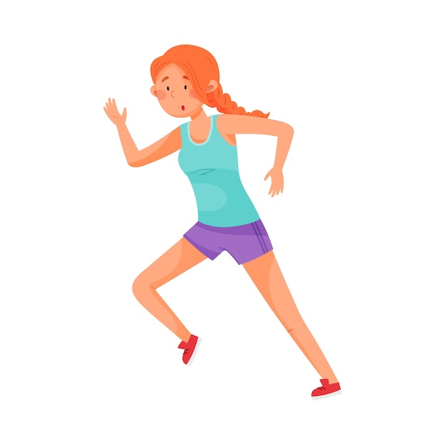 Mujer joven con ropa deportiva corriendo en una ilustración vectorial de maratón