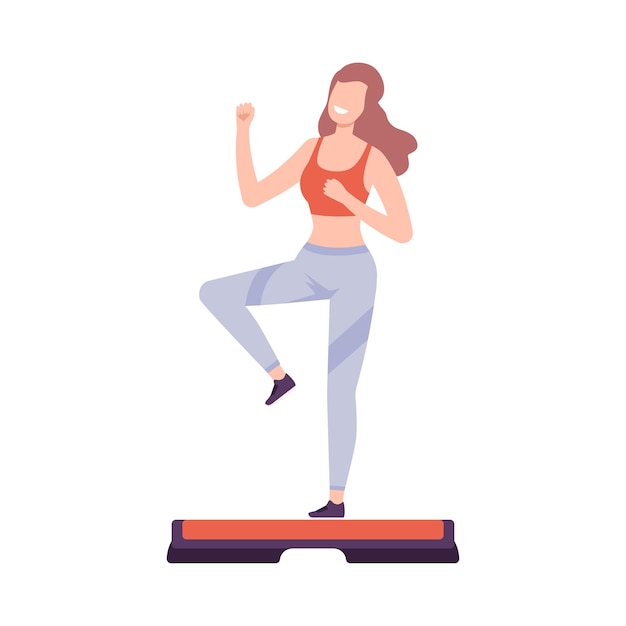 Mujer joven en ropa deportiva Entrenamiento deportivo en plataforma de paso Niña haciendo deportes en gimnasio de fitness club o en el hogar Estilo de vida saludable activo Ilustración vectorial de estilo plano