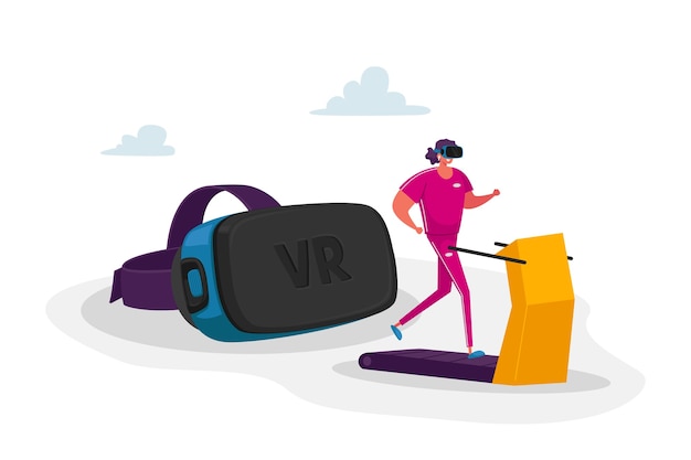 Mujer joven en ropa deportiva y gafas de realidad virtual corriendo en cinta