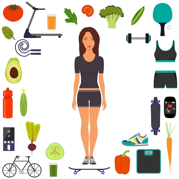 Vector mujer joven en ropa deportiva de pie en pleno crecimiento rodeada de íconos de comida saludable