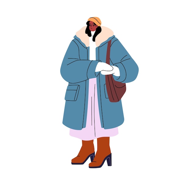 Mujer joven en ropa de exterior camina al aire libre Niña con abrigo de parka sombrero de punto mitones botas altas con bolsa de hombro de pie Persona con ropa cálida en invierno Ilustración vectorial aislada plana en blanco