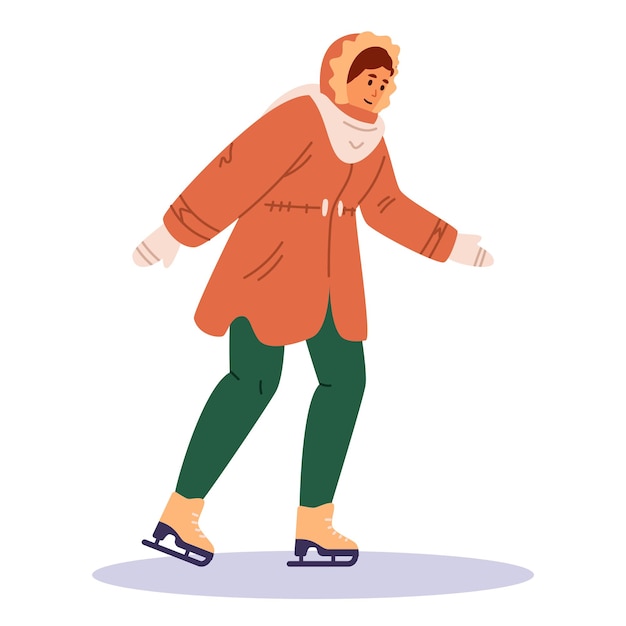 Mujer joven en ropa exterior patinando sobre hielo