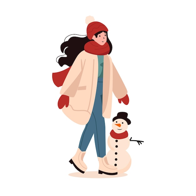 Mujer joven con ropa de invierno con muñeco de nieve Ilustración vectorial
