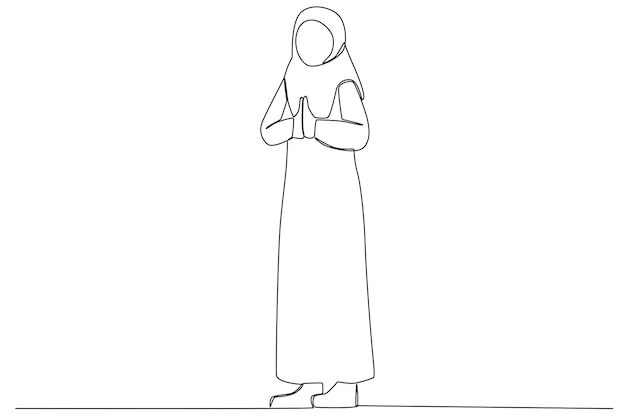 Una mujer joven con ropa tradicional musulmana dando saludos para celebrar el arte de una línea de Eid alFitr
