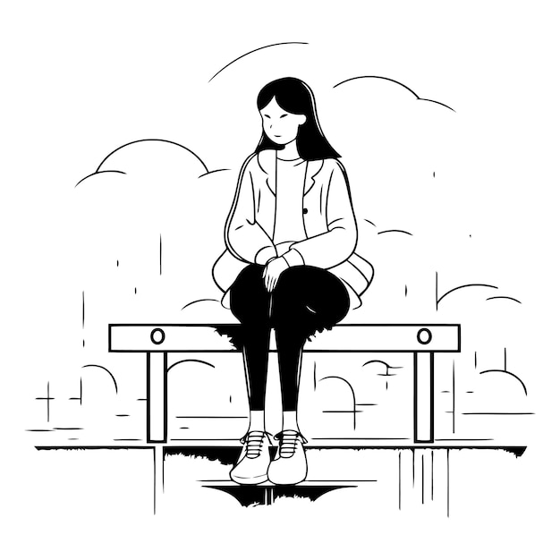 Mujer joven sentada en un banco en el parque