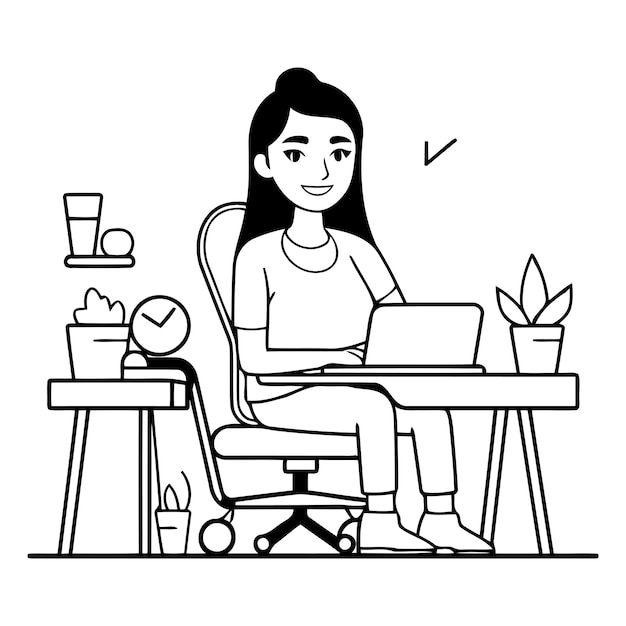 Mujer joven sentada en el escritorio y trabajando en la computadora portátil