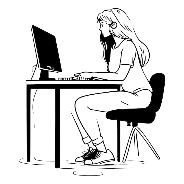 Mujer joven sentada en el escritorio y trabajando en una computadora