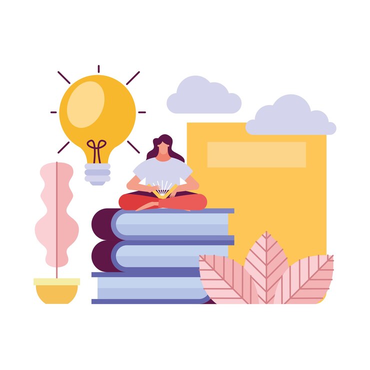Vector mujer joven sentada en libros, diseño de ilustraciones de personajes creativos