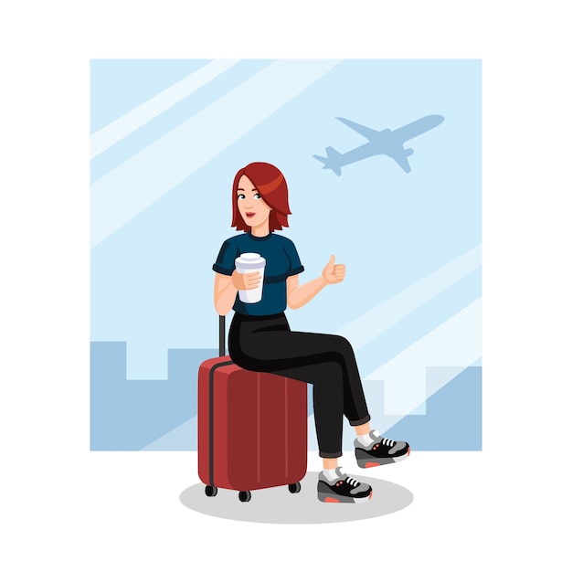 Vector mujer joven sentada en una maleta y mostrando los pulgares en el aeropuerto ilustración vectorial