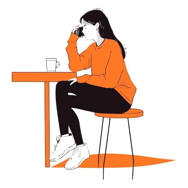 Vector mujer joven sentada en una mesa y bebiendo café