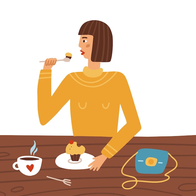 Vector mujer joven sentada en una mesa de café comiendo cupcake y bebiendo café personaje femenino almorzando ...