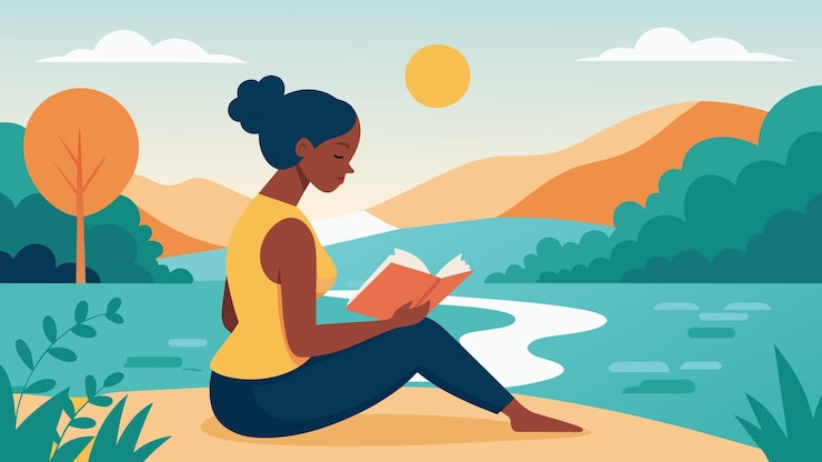 Vector una mujer joven sentada a la orilla del río disfrutando del sol cálido en su cara mientras lee una colección
