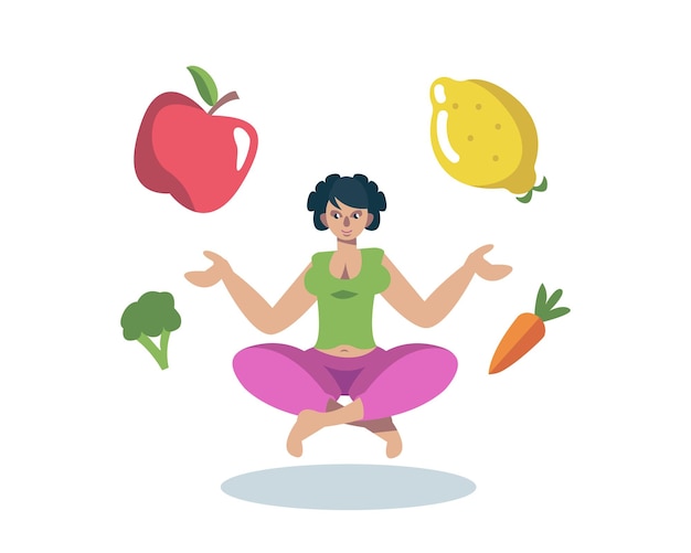 Mujer joven sentada en posición de loto verduras volando sobre su estilo de vida saludable y activo comiendo frutas y verduras orgánicas Proceso de pérdida de peso Vector ilustración plana