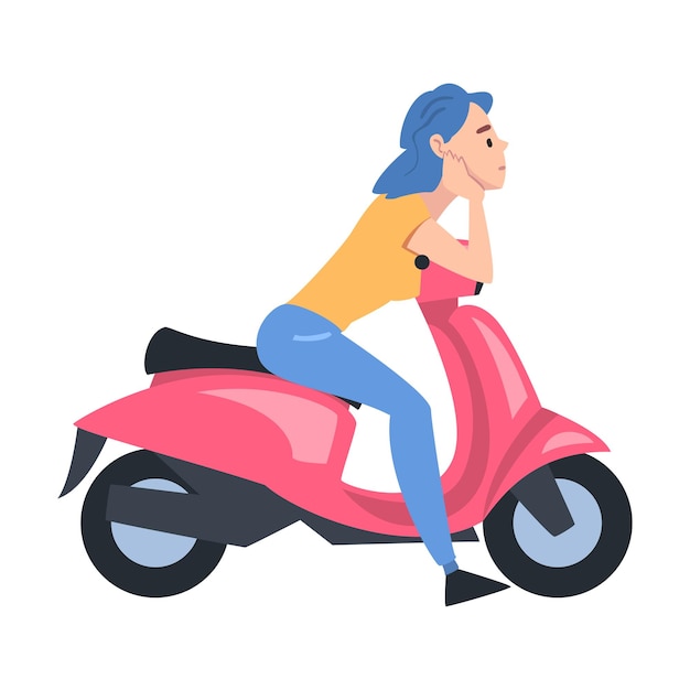 Mujer joven sentada en un scooter vista lateral de una chica alegre conduciendo una motocicleta Ilustración vectorial de estilo de dibujos animados