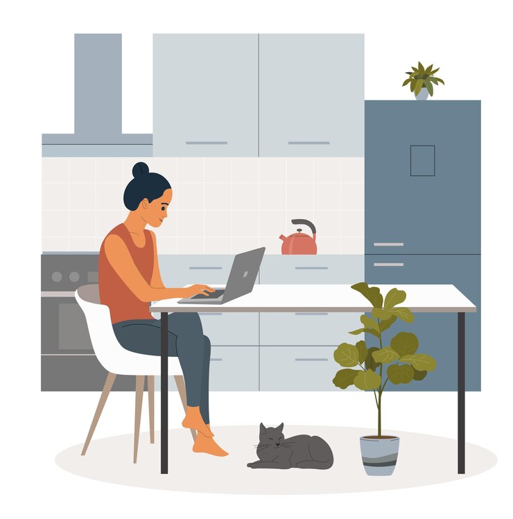 Vector mujer joven sentada en la silla y trabajando con un portátil en la cocina.