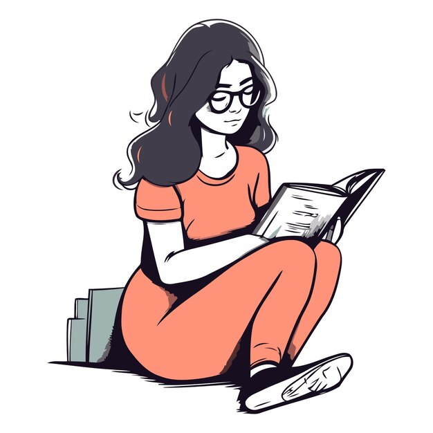 Vector mujer joven sentada en el suelo y leyendo un libro