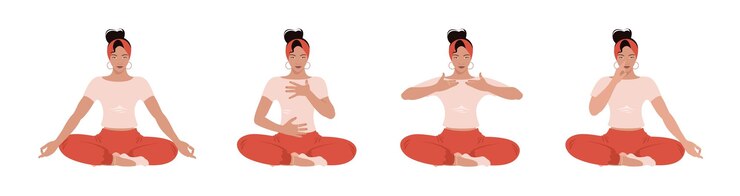 Mujer joven sentada en varias poses y practicando respiración profunda o yoga. Respiración abdominal.