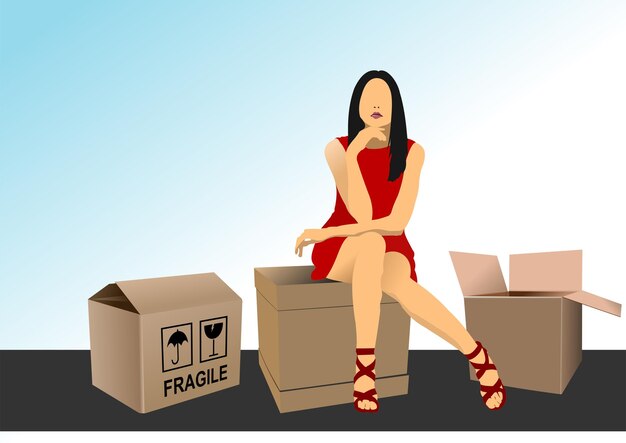 mujer joven, sentado, en, el, caja, color, 3d, vector, ilustración