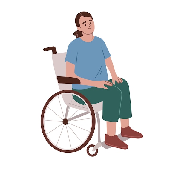 mujer joven, sentado, en, el, silla de ruedas, discapacitado, persona discapacitada, plano, vector, ilustración