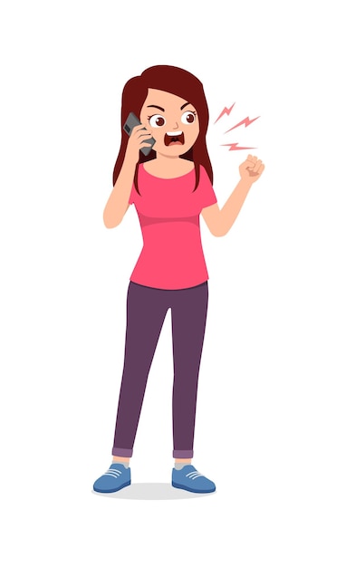 La mujer joven se siente enojada y grita al teléfono