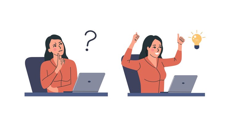 Vector mujer joven con signo de interrogación y encontrar nueva idea ilustración de vector de dibujos animados de estilo plano