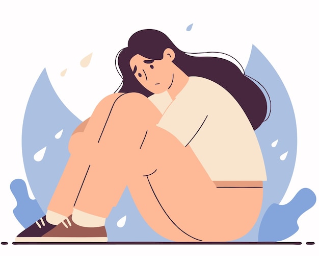 Mujer joven sintiéndose triste cansada y preocupada sufriendo depresión ilustración de dibujos animados