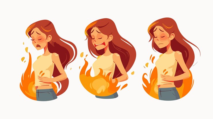 Vector mujer joven con síntomas de ardor de estómago concepto de salud y bienestar