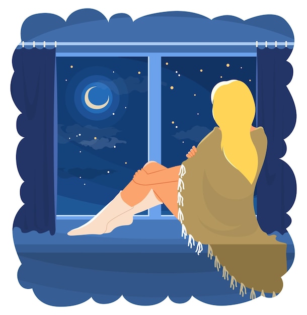 Vector mujer joven soñadora y relajada envuelta en una manta sentada en el alféizar de la ventana mirando a través del vidrio al cielo estrellado nocturno descansando en casa ilustración vectorial de apartamento