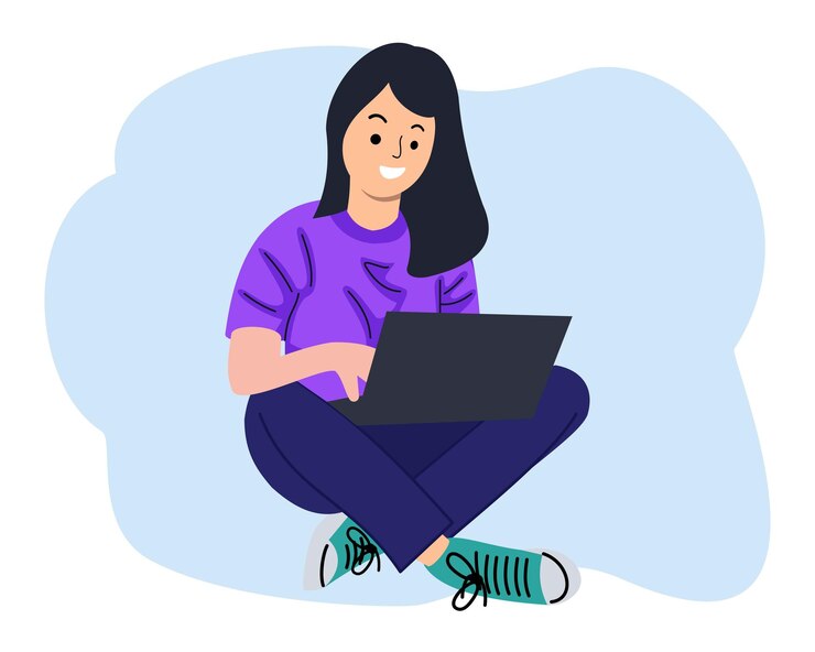Vector mujer joven sonriente y alegre con ropa informal usando un portátil sentado en el suelo