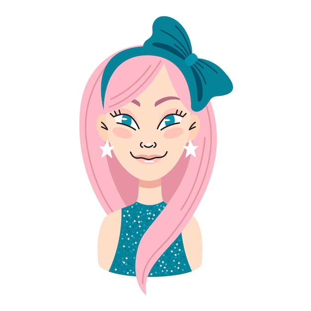 Vector mujer joven sonriente con cabello rosado arco en el pelo pendientes de estrellaemocionesretrato cara avatar ilustración vectorial de dibujos animados sobre un fondo blanco