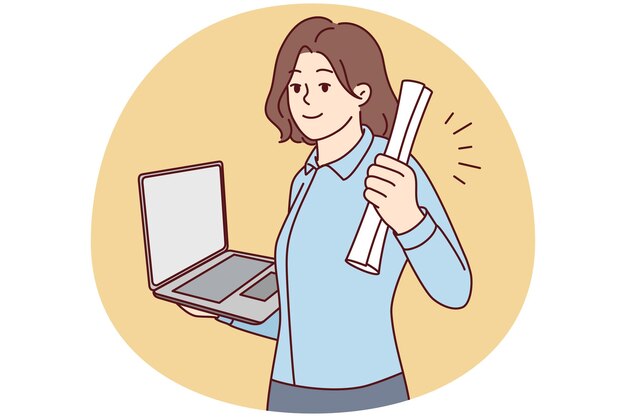 Mujer joven sonriente con diploma y computadora portátil en las manos se gradúa de la universidad en línea