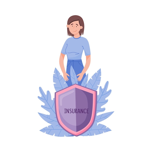 Mujer joven sonriente de pie detrás de la ilustración vectorial del escudo